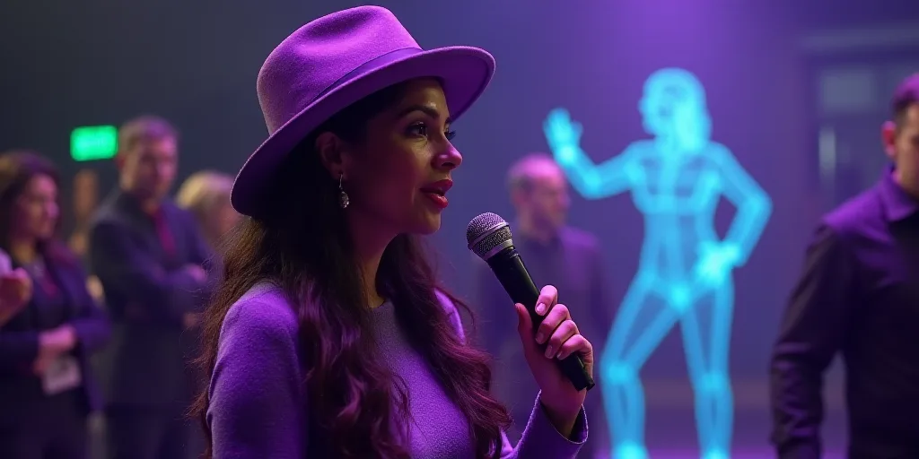 a woman in a purple hat is holding a microphone and speaking into a microphone with other people in