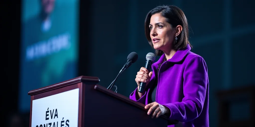 a woman in a purple jacket is giving a speech at a podium with a microphone in her hand and a sign b