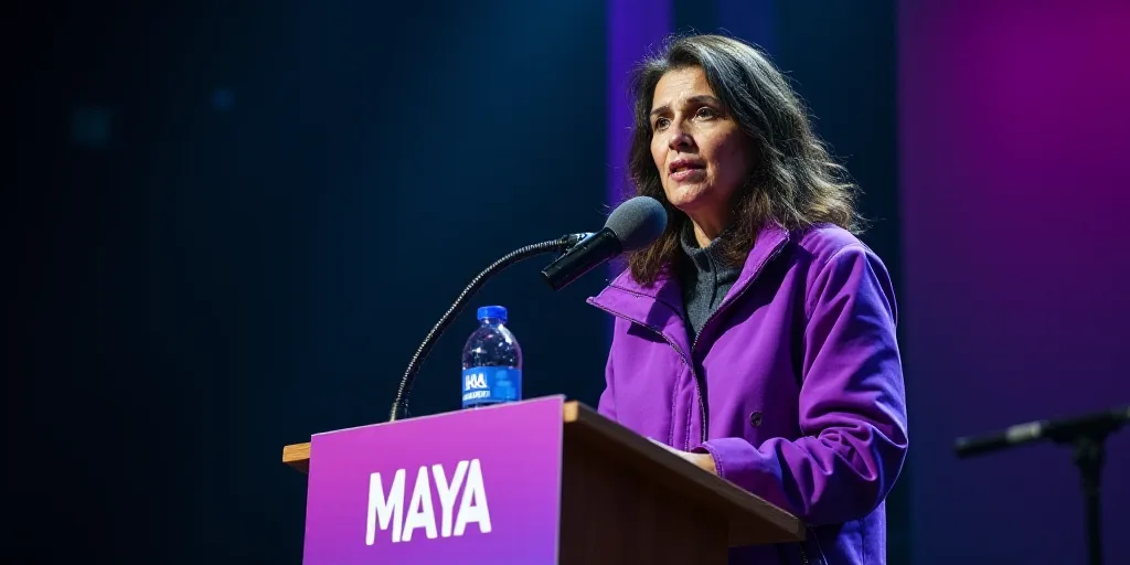 a woman in a purple jacket is giving a speech at a podium with a microphone in her hand and a sign b