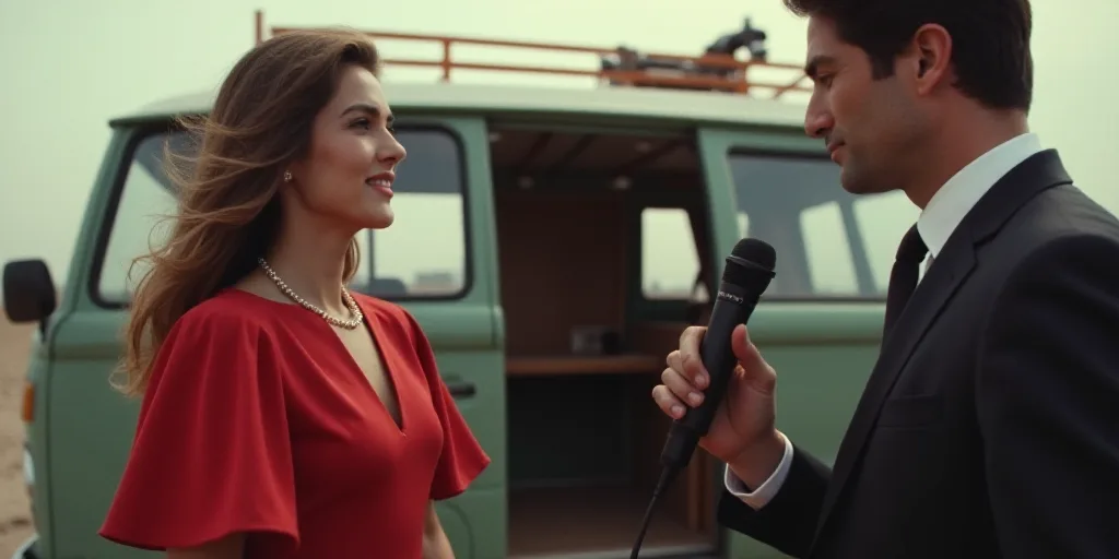 a woman in a red dress standing in front of a van with a microphone in her hand and a man in a suit