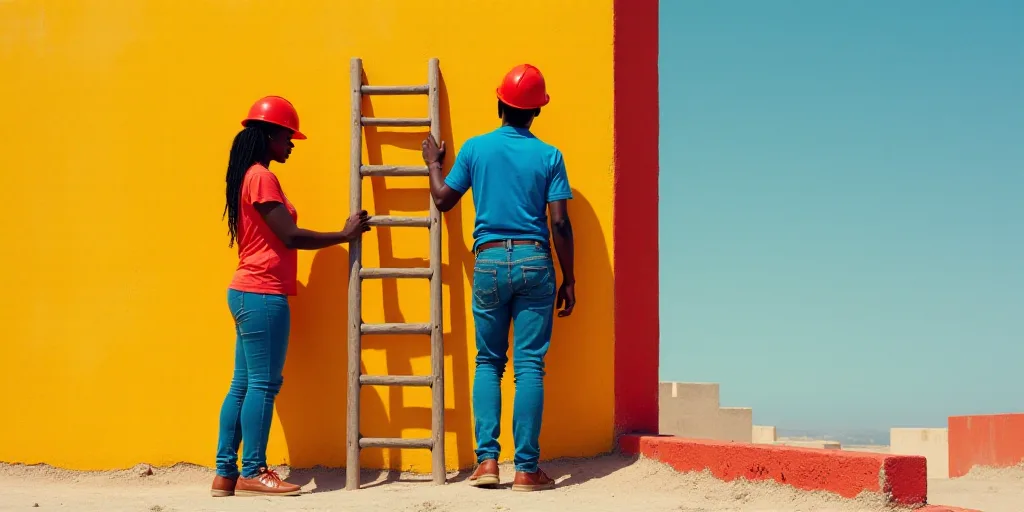 a woman in a red hat and a man in a blue shirt are working on a building site with a ladder, Afewerk