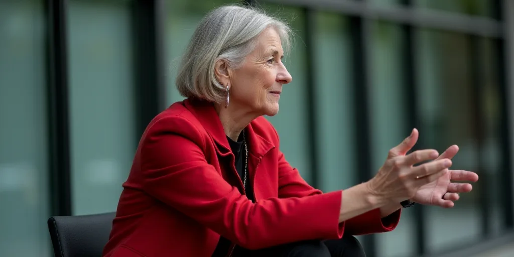 a woman in a red jacket is sitting down and gesturing with her hands out to the side of the camera,