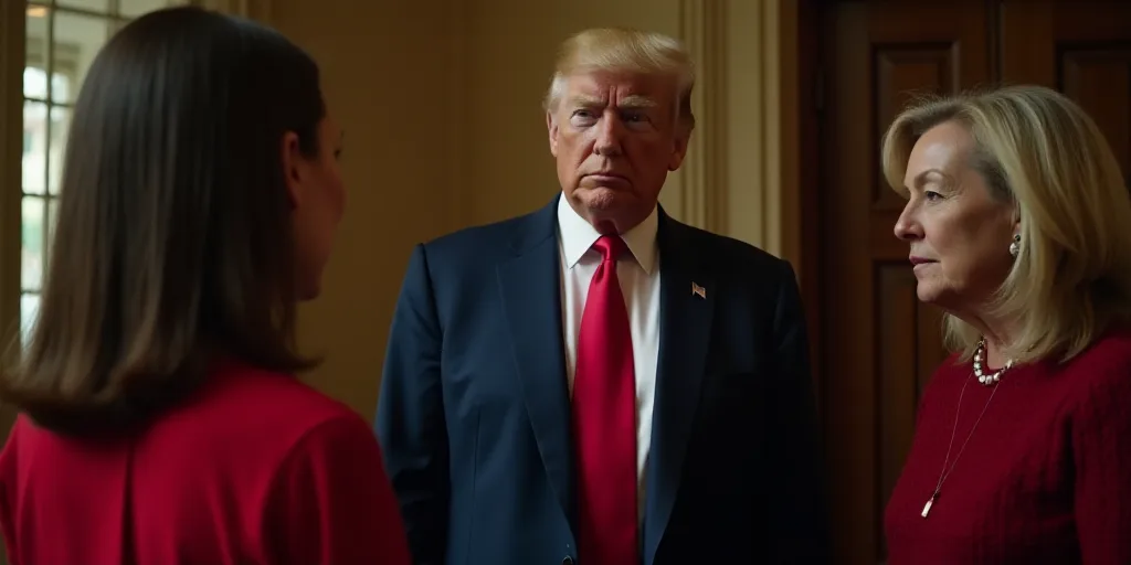 a woman in a red tie and president donald trump in a blue suit and a woman in a red sweater, Ancell