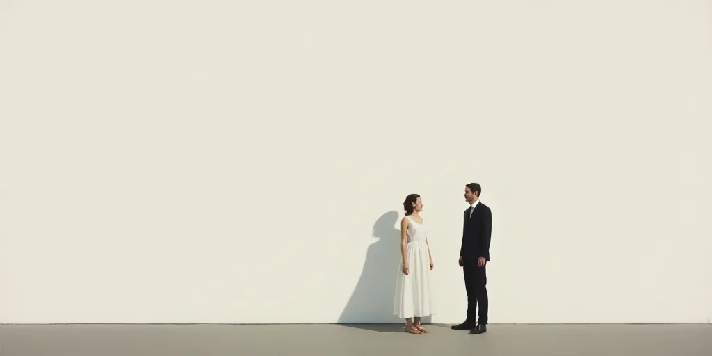 a woman in a white dress and a man in a suit and tie are standing in front of a white wall, Constant