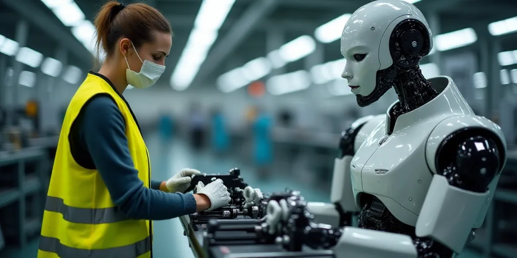 a woman in a yellow vest and a mask working on a machine in a factory with other machinery in the ba