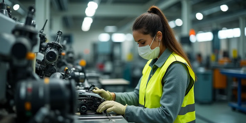 a woman in a yellow vest and a mask working on a machine in a factory with other machinery in the ba