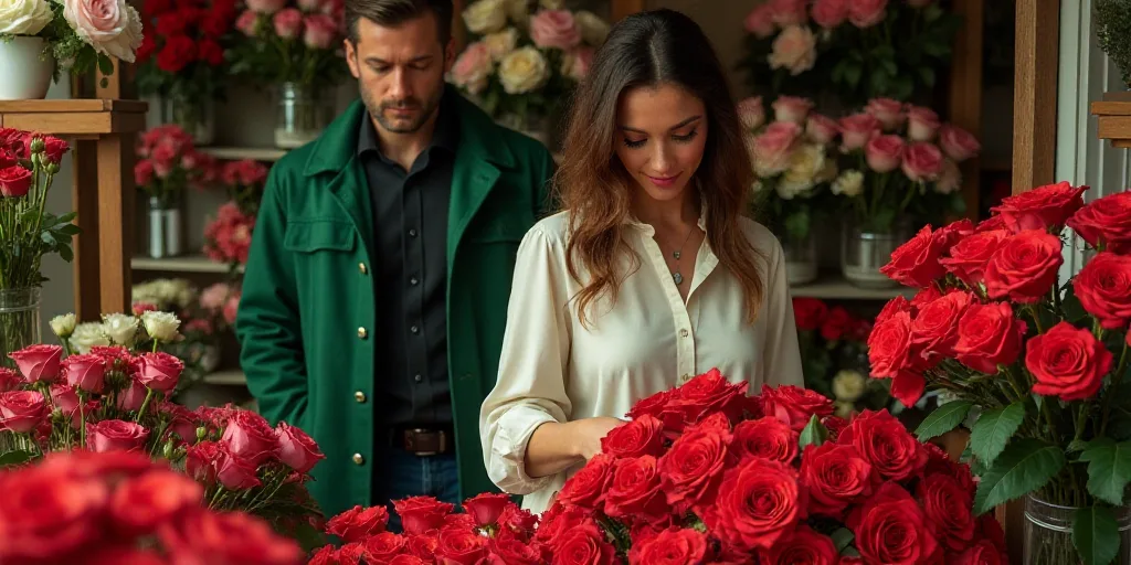 a woman is arranging red roses in a flower shop while a man looks on from behind her in a green jack