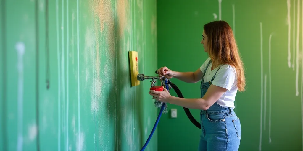 a woman is cleaning a wall with a sponge and a rag in a room with green walls and blue ropes, Dahlov