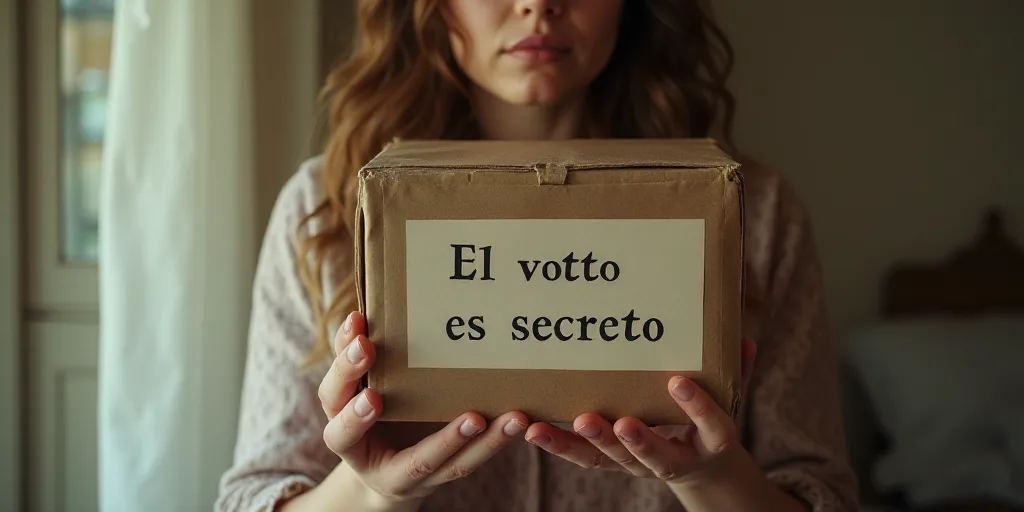 a woman is holding a box with a sign on it that says el votto es secreto on it, Ceferí Olivé, ex m
