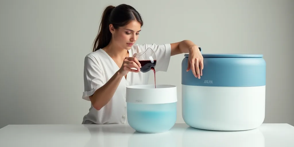 a woman is pouring a glass of wine into a large container with a blue lid and a white top, Aquirax U
