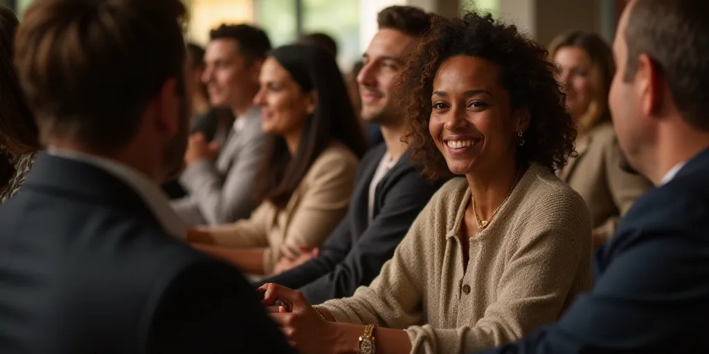 a woman is sitting in a crowd of people talking to each other and smiling at the camera with her han