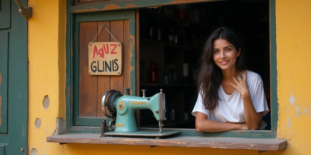 a woman is standing in a window of a machine shop with a sign on it that says, taquilla lingga1 quat