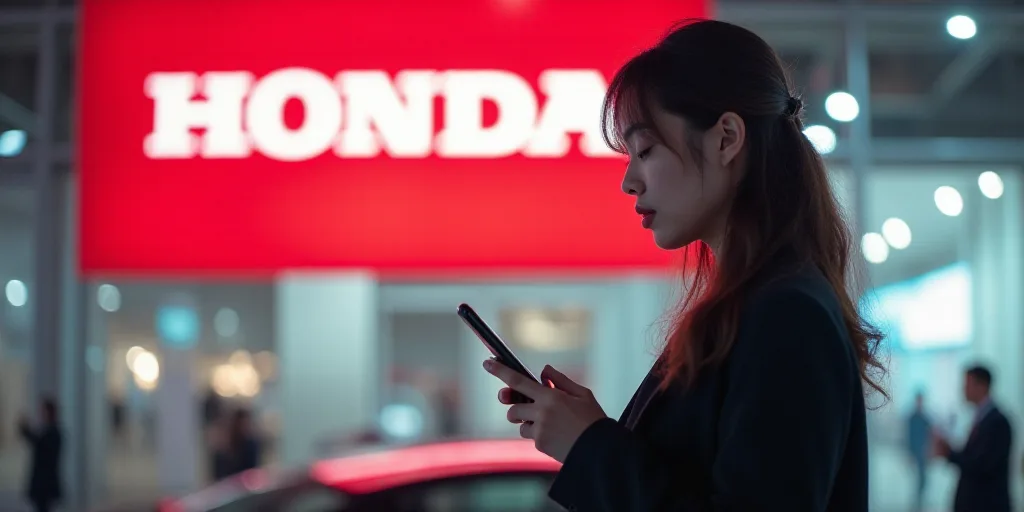 a woman is standing in front of a honda sign and looking at her phone while holding a cell phone, Ai