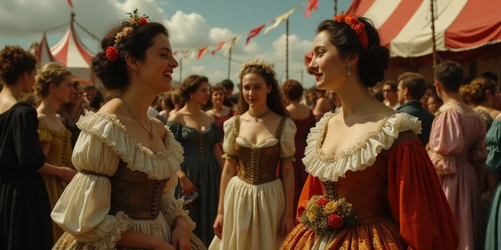 a woman is talking to two other women in a crowd of people in a carnival setting with a circus tent
