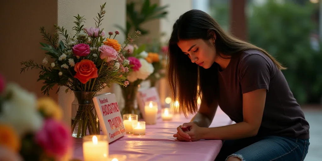 a woman kneeling down next to a bunch of flowers and candles on a table with signs on it and candles