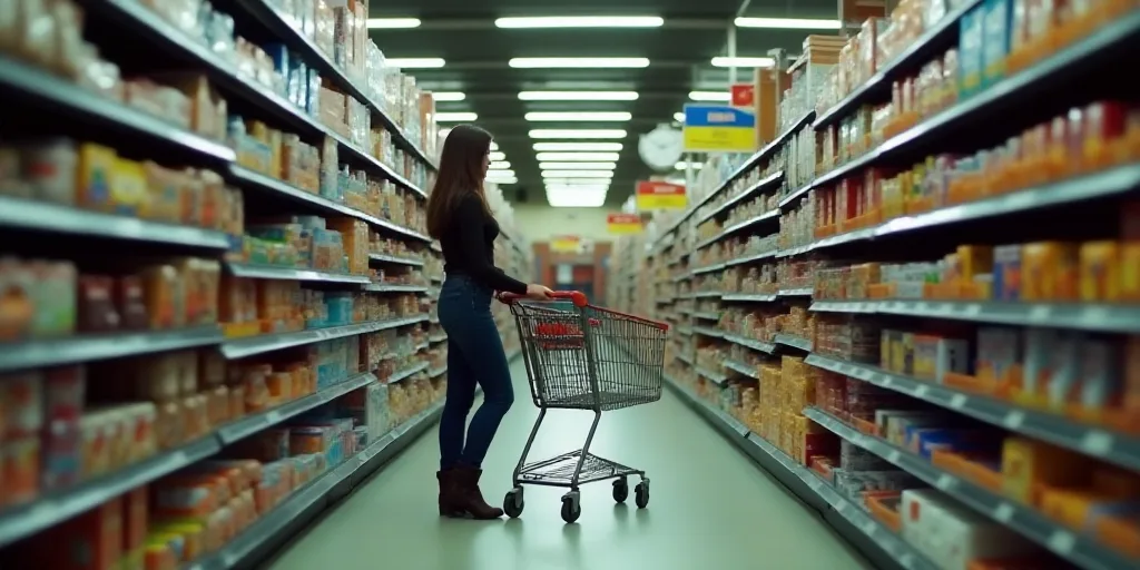 a woman pushing a shopping cart through a grocery store aisle filled with food items and snacks on s