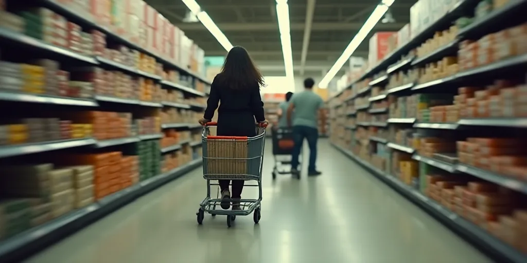 a woman pushing a shopping cart down a grocery aisle in a store with a man pushing a cart behind her