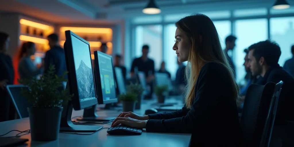 a woman sitting at a desk with a computer in front of her and a lot of people standing around, Engue