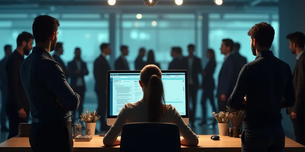 a woman sitting at a desk with a computer in front of her and a lot of people standing around, Engue