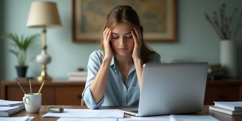 a woman sitting at a desk with a laptop and papers in front of her, holding her head in her hands, E