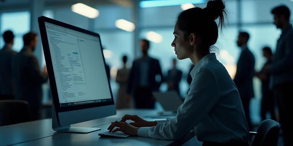 a woman sitting at a desk with a computer in front of her and a lot of people standing around, Engue