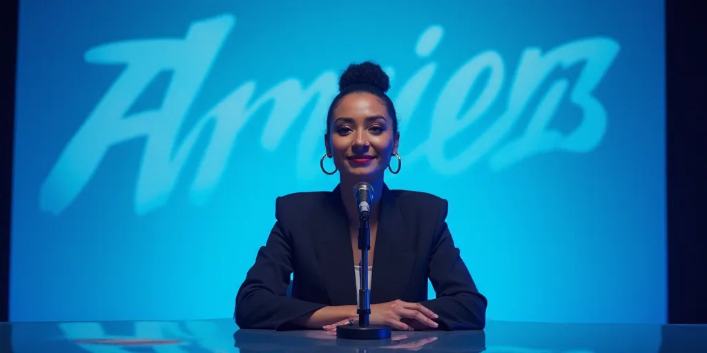 a woman sitting at a table with a microphone in front of her and a blue backdrop behind her with a l