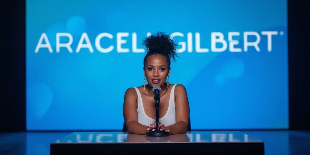 a woman sitting at a table with a microphone in front of her and a blue backdrop behind her with a l