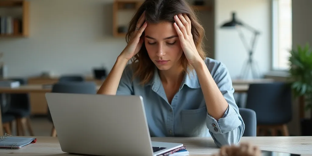 a woman sitting at a table with a laptop and a shirt on it, with her hands on her head, Claire Dalby