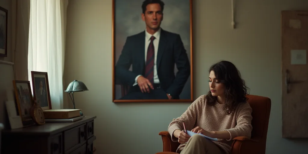 a woman sitting in a chair writing on a piece of paper in front of a poster of a man in a suit, Alej