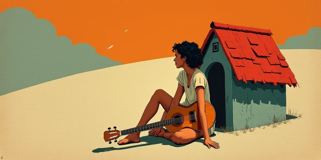 a woman sitting on the ground with a guitar in her hand and a red roof above her head, with a red ro