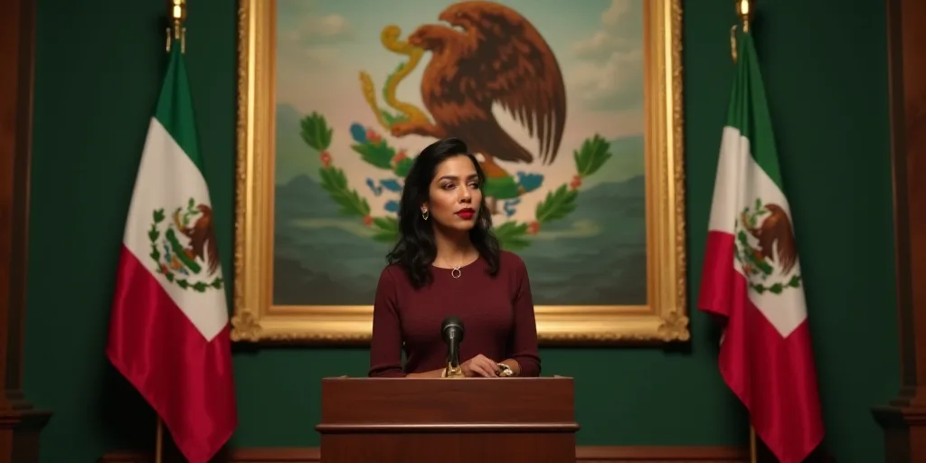 a woman standing at a podium in front of flags and a painting of a mexican eagle on the wall, Aracel