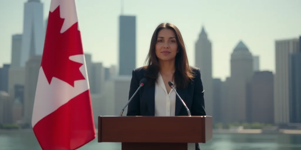 a woman standing at a podium in front of a cityscape with a canadian flag on it's side, Araceli Gilb