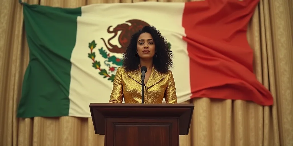 a woman standing at a podium in front of two flags and a microphone in front of her is a mexican fla
