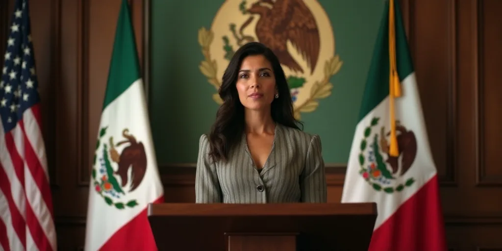 a woman standing at a podium in front of flags and a painting of a mexican eagle on the wall, Aracel