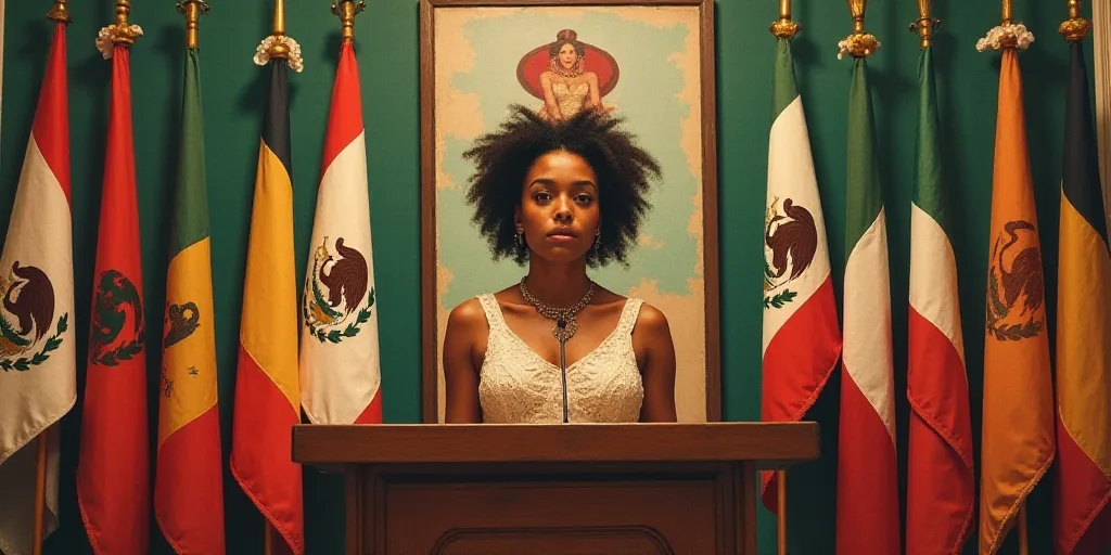 a woman standing at a podium in front of flags and a painting of a woman in mexico behind her, David