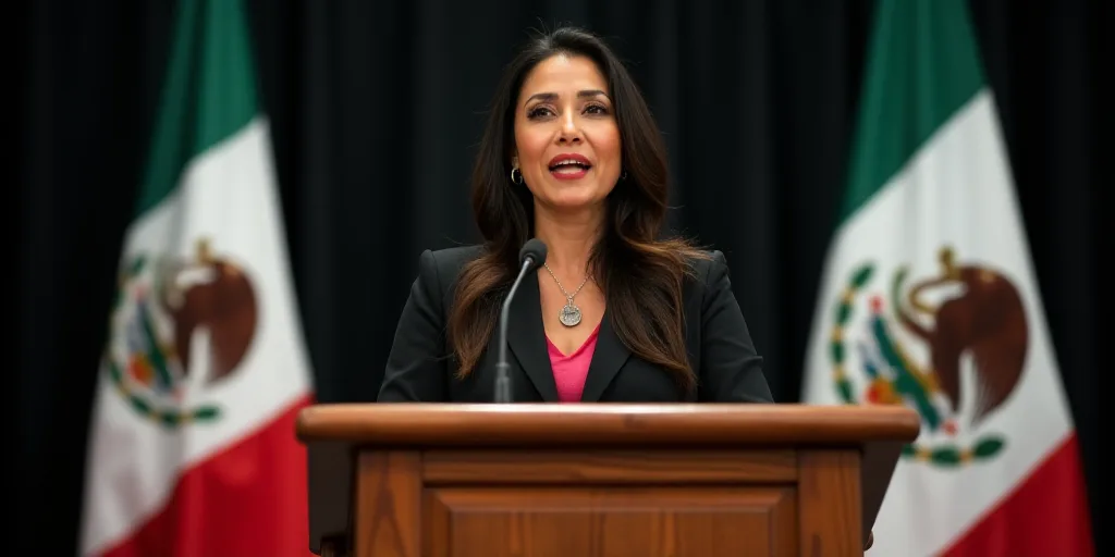 a woman standing at a podium in front of two flags and a flag behind her is a mexican flag, Araceli