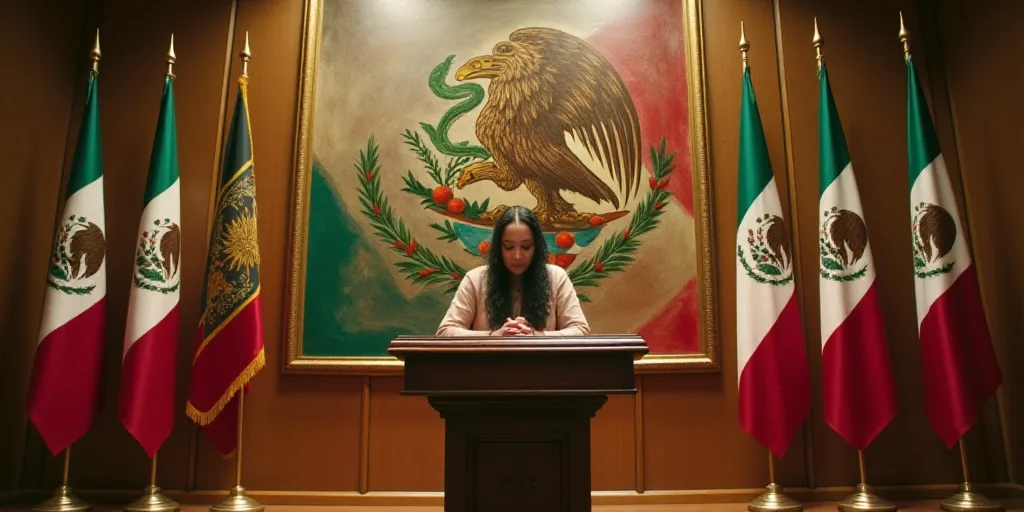 a woman standing at a podium in front of flags and a painting of a mexican eagle on the wall, David