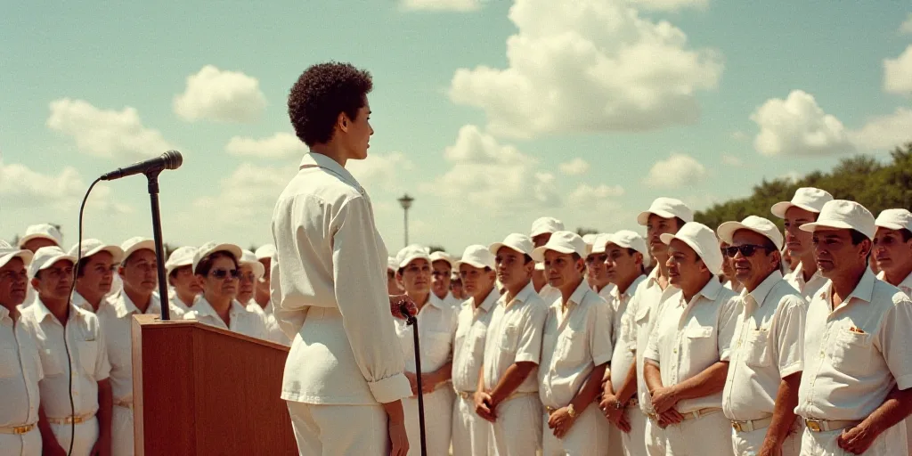 a woman standing at a podium in front of a crowd of people in white shirts and white caps on a sunny