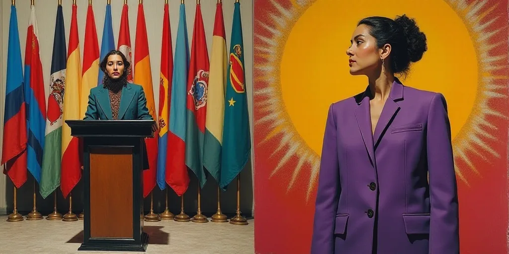a woman standing at a podium in front of flags and a painting of a woman in a purple jacket, David A