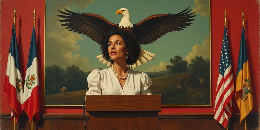 a woman standing at a podium in front of flags and a painting of a eagle on the wall behind her, Dav