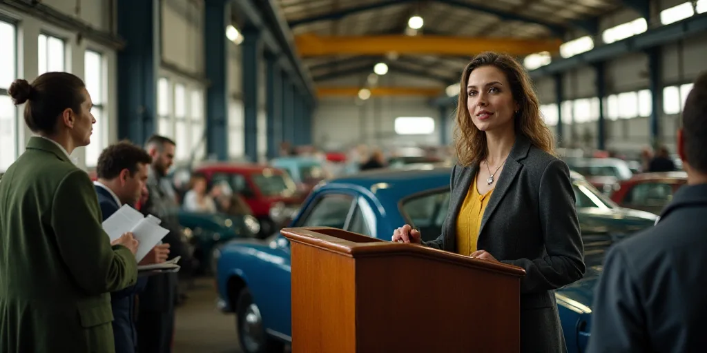 a woman standing at a podium in front of a car in a factory with other people in the background, Bre