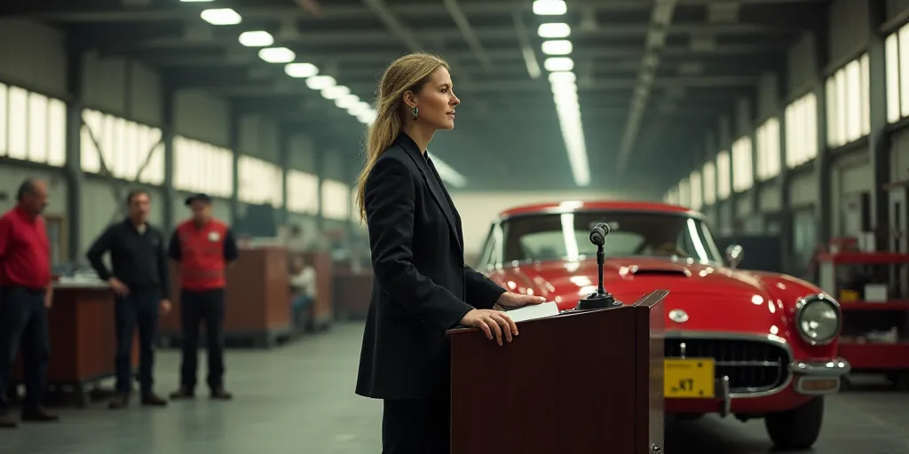 a woman standing at a podium in front of a car in a factory with other people in the background, Bre