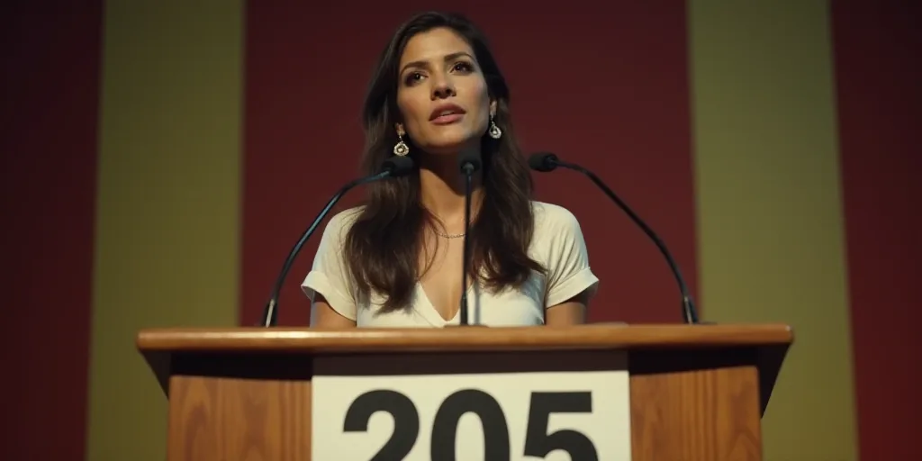 a woman standing at a podium with a microphone in front of her and a sign behind her that says 205,