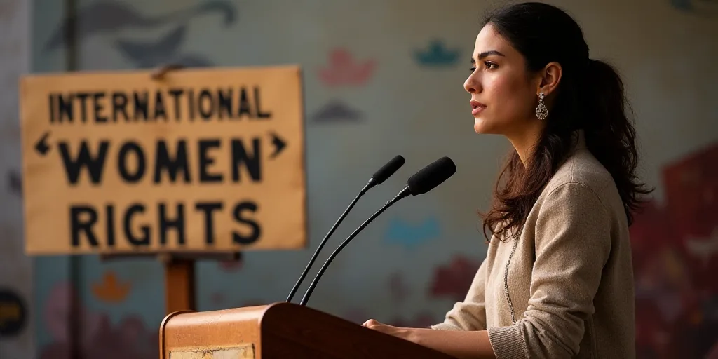 a woman standing at a podium with a microphone in front of her and a sign behind her that says inter