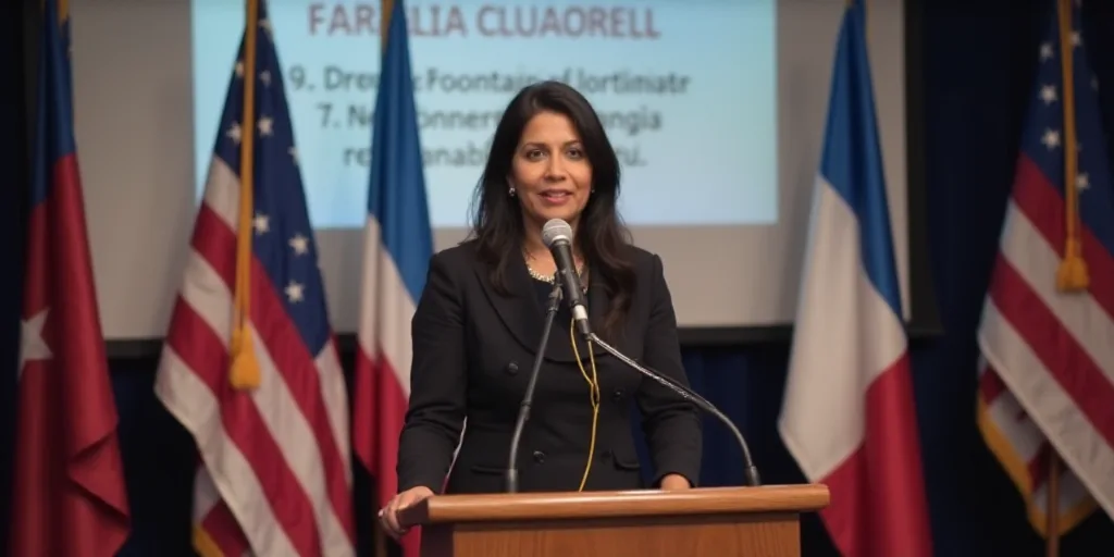 a woman standing at a podium with a microphone in front of a screen with flags behind her and a bann