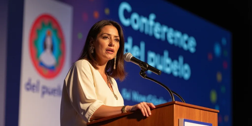 a woman standing at a podium with a microphone in front of a sign that says conference del pueblo, A