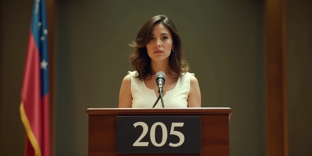 a woman standing at a podium with a microphone in front of her and a sign behind her that says 205,