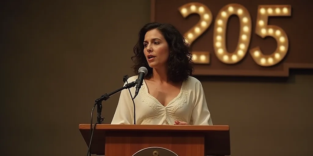 a woman standing at a podium with a microphone in front of her and a sign behind her that says 205,
