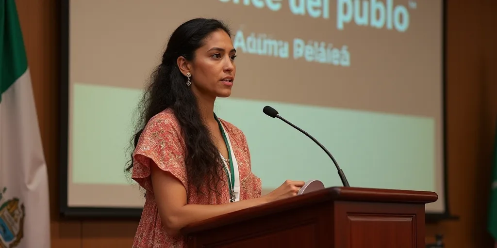 a woman standing at a podium with a microphone in front of a sign that reads conference del pueblo,,