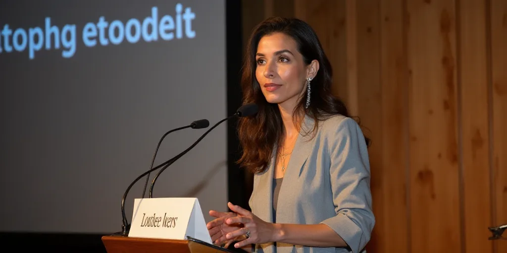 a woman standing at a podium with a microphone in front of her and a sign behind her that says confe